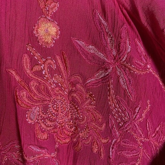 CHICOS Ruana Wrap Floral Embroidered Berry Pink Fringe Bohemian Vacation Beach - Picture 8 of 11